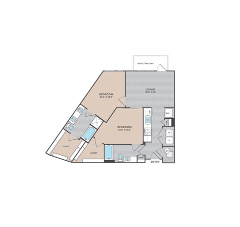 A floor plan of a house with two bedrooms, a living area, a closet, a bathroom, a kitchen, and an entry point.